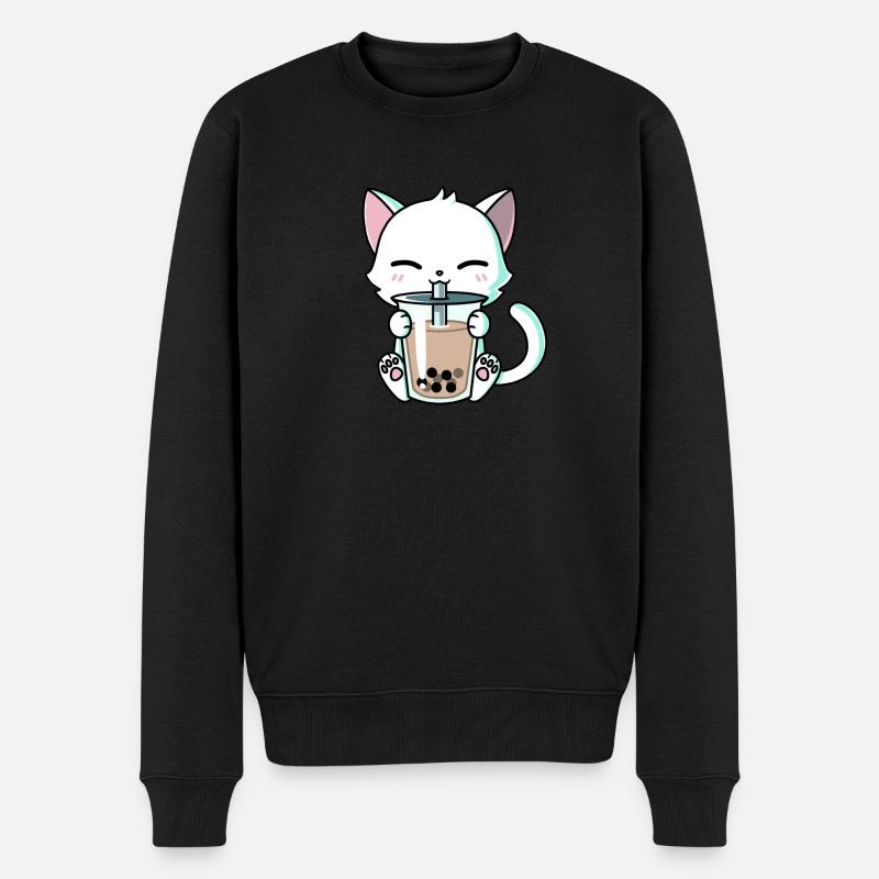 cat drinking bubble tea - Männer Premium Bio Pullover - Schwarz