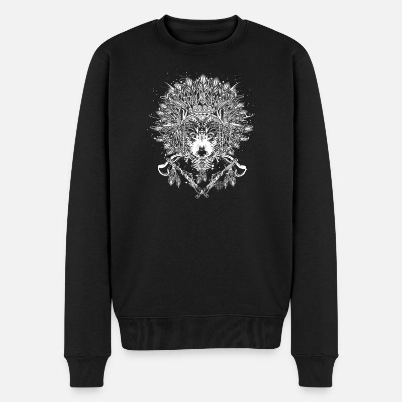 Wolf Häuptling mit Kopfschmuck - Männer Premium Bio Pullover - Schwarz