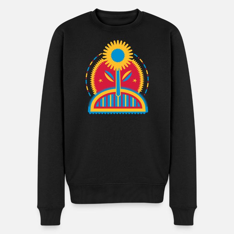 große leuchtende Sonnenblume im Blumenbeet - Männer Premium Bio Pullover - Schwarz