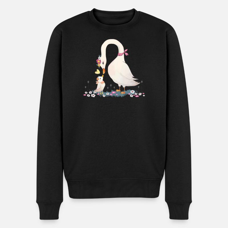 Zwei  Schwäne im Blumenwiesen-Stil - Männer Premium Bio Pullover - Schwarz