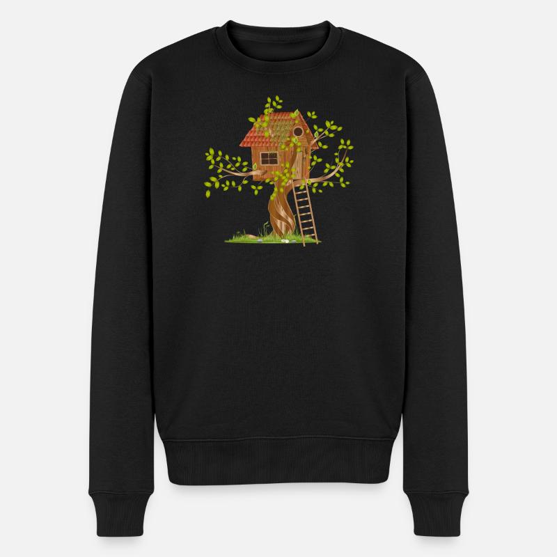 schiefes Baumhaus in der Baumkrone mit Leiter - Männer Premium Bio Pullover - Schwarz