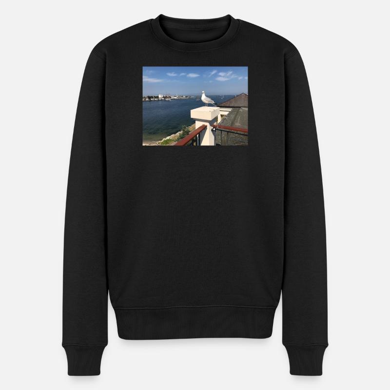 Möwe über Küstenbalkon - Männer Premium Bio Pullover - Schwarz