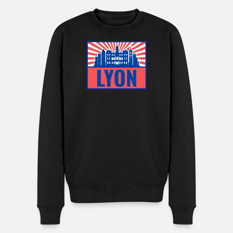 Lyon Skyline BlauRot Retro - Männer Premium Bio Pullover - Schwarz