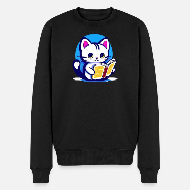 Katze liest ein Buch - Männer Premium Bio Pullover - Schwarz