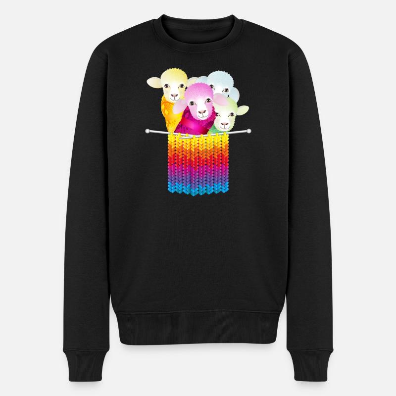 vier bunte Schafe mit Wolle und Stricknadeln - Männer Premium Bio Pullover - Schwarz