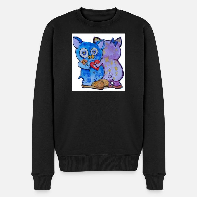 Liebes-Duo Katzengesicht mit Blumen - Männer Premium Bio Pullover - Schwarz