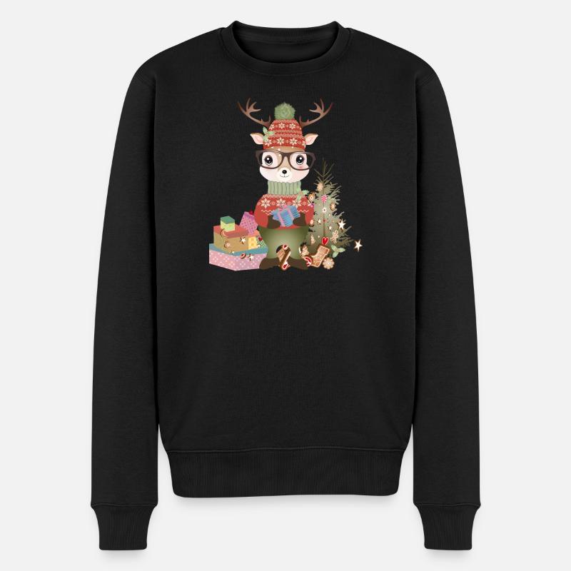 Hirsch mit Weihnachtsgeschenke,Brille und Mütze - Männer Premium Bio Pullover - Schwarz