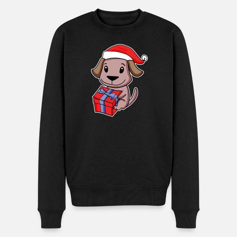 Hund mit Weihnachtsmütze und Weihnachtsgeschenk - Männer Premium Bio Pullover - Schwarz
