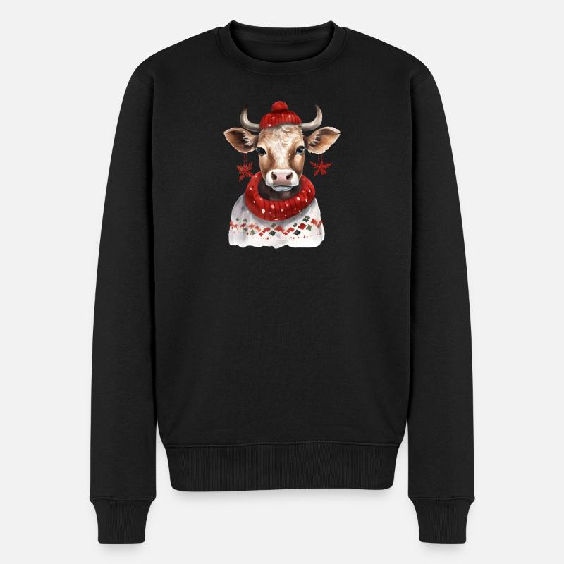 Winterkuh mit rotem Schal und Mütze - Männer Premium Bio Pullover - Schwarz