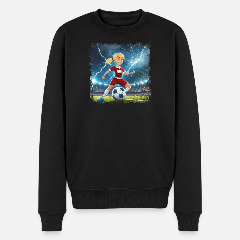 Fussballerin Comicfigur Stadion mit Blitzen - Männer Premium Bio Pullover - Schwarz