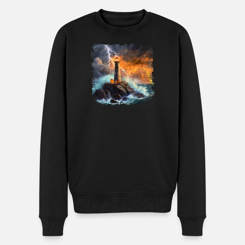 Leuchtturm der nachts auf das Meer hinausstrahlt - Männer Premium Bio Pullover - Schwarz