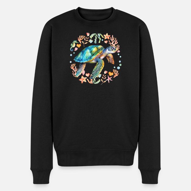 Tortue entourée de créatures marines - Pull Premium bio Homme - noir