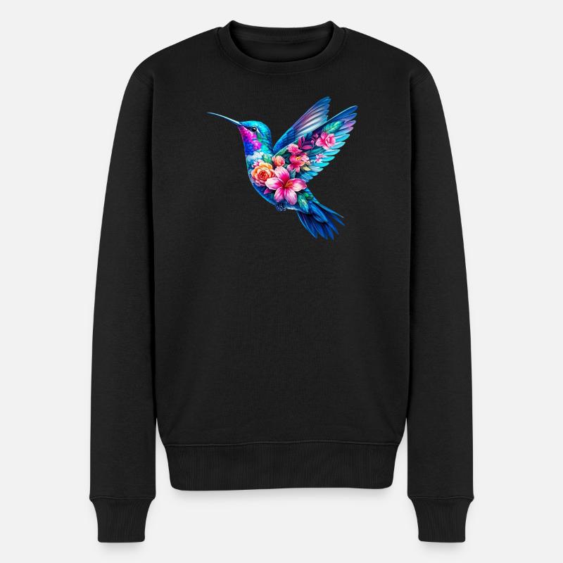 Kolibri mit Blumen geschmückt - Männer Premium Bio Pullover - Schwarz