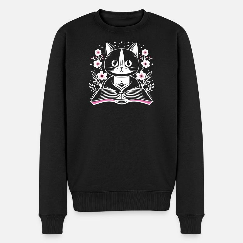 Lesende süße Katze mit Buch und Blumen - Männer Premium Bio Pullover - Schwarz
