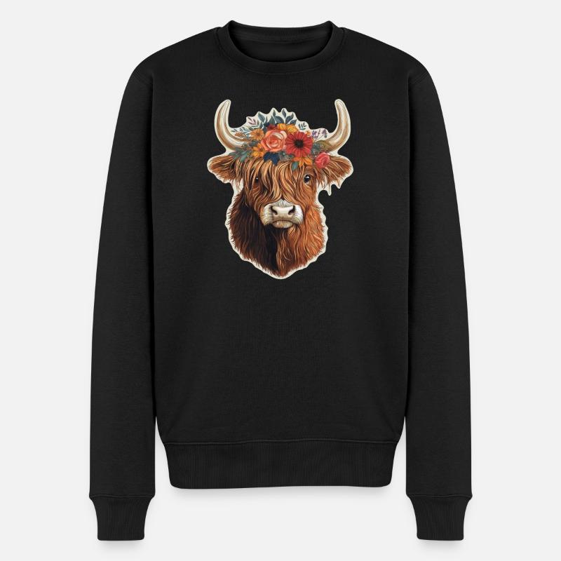 Hochlandrind mit Blumen - Männer Premium Bio Pullover - Schwarz