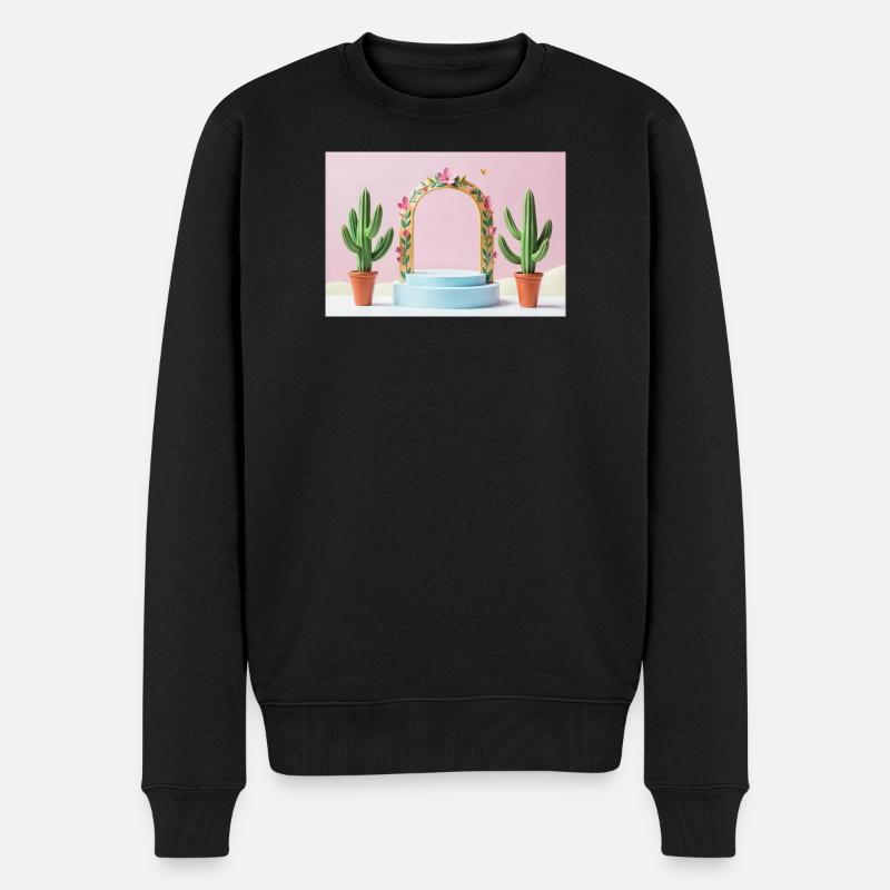 Pastellbogen-Blumenrahmen und Kakteen - Männer Premium Bio Pullover - Schwarz