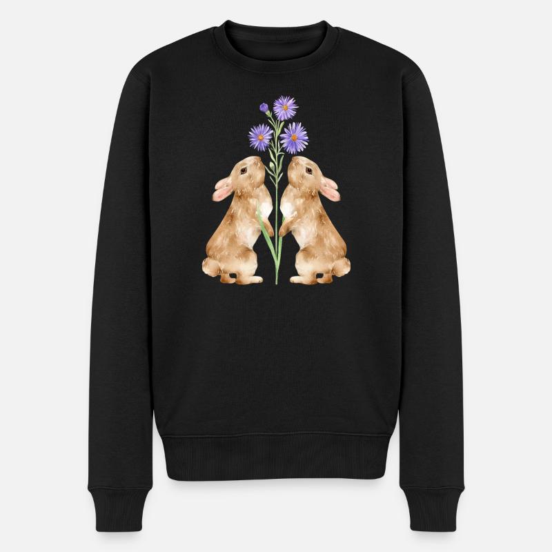 Zwei süße Hasen mit Blumen - Männer Premium Bio Pullover - Schwarz