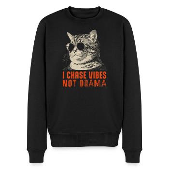 Je chasse les vibrations, pas le drame - chat détendu - Pull Premium bio Homme - noir - Devant - Nico (187cm)