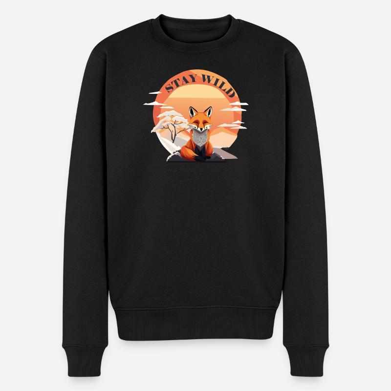 Meditierender Fuchs mit der Aufschrift Stay Wild - Männer Premium Bio Pullover - Schwarz
