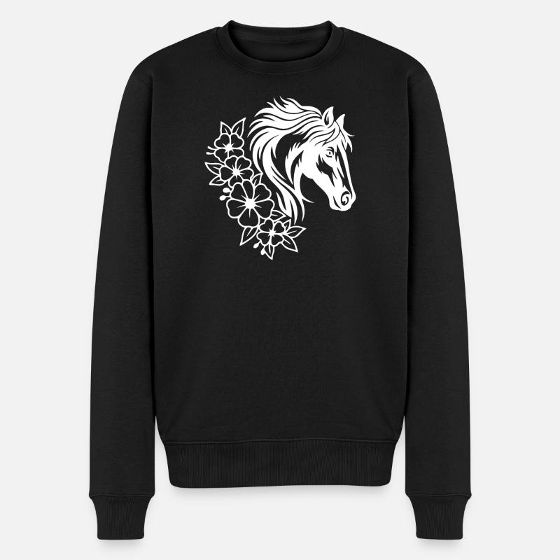 Elegantes Pferde- und Blumen-Line-Art-Design - Männer Premium Bio Pullover - Schwarz