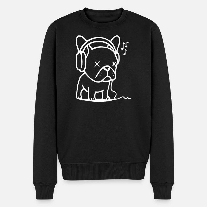 Frenchie Bulldogge mit Kopfhörern - Männer Premium Bio Pullover - Schwarz