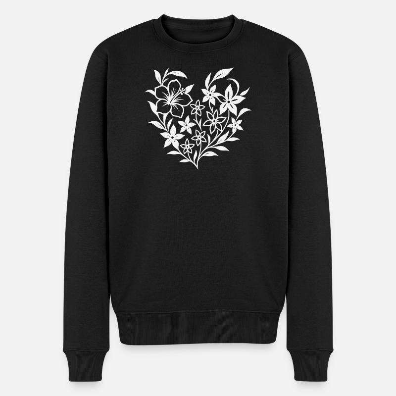 Blumiges Herzmuster in Weiß - Männer Premium Bio Pullover - Schwarz