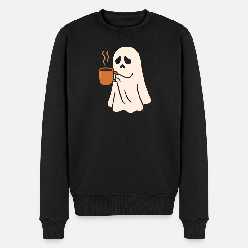 Schauriges Geist mit Kaffeetasse - Männer Premium Bio Pullover - Schwarz