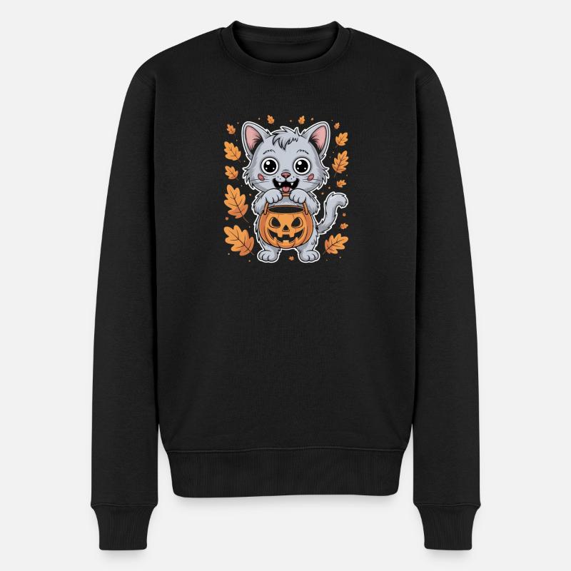 Halloween Kätzchen Mit Kürbis Und Herbstblättern - Männer Premium Bio Pullover - Schwarz