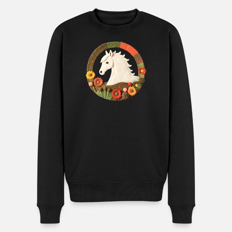 Gesticktes Pferdemotiv im Blumenkreis - Männer Premium Bio Pullover - Schwarz