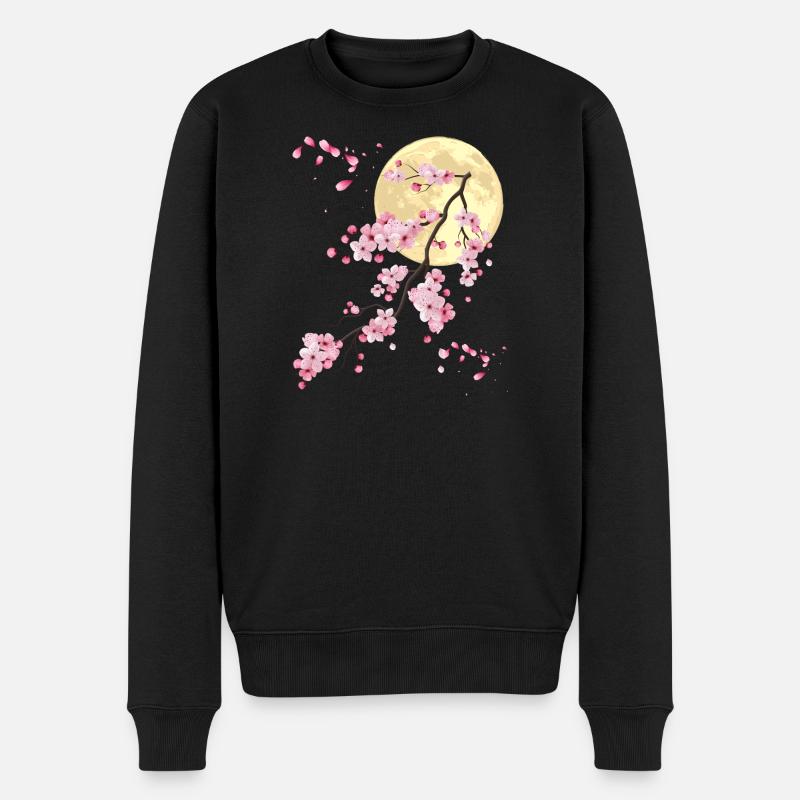 Vollmond mit Kirschblüte - Männer Premium Bio Pullover - Schwarz