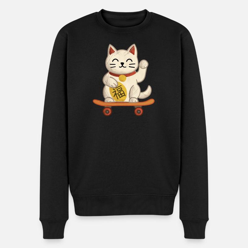 Maneki-neko Chat Planche à roulettes - Pull Premium bio Homme - noir