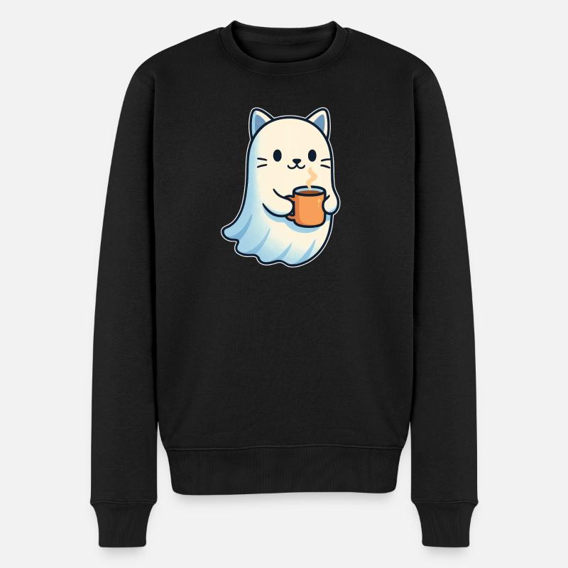 Kaffeegeist Katze mit Becher - Männer Premium Bio Pullover - Schwarz