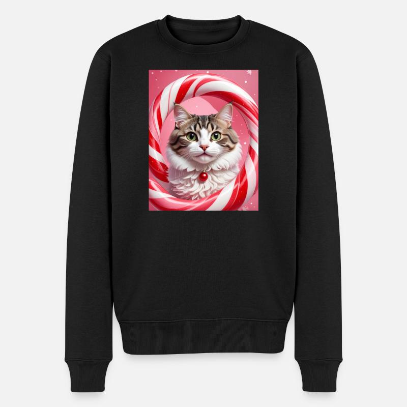 Weihnachtskatze im Süßigkeiten-Ring-Design - Männer Premium Bio Pullover - Schwarz