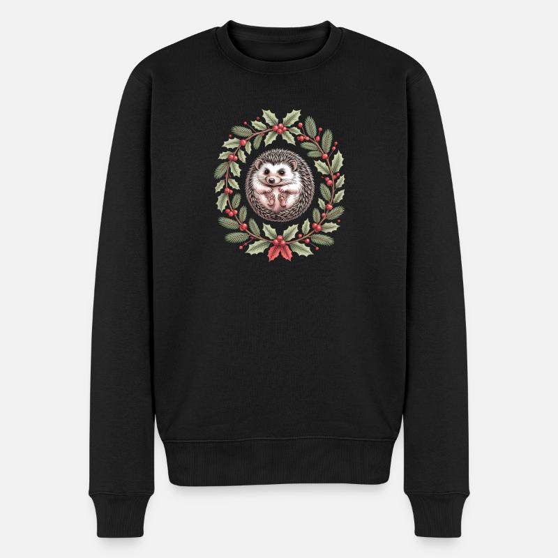 Weihnachtlicher Igel Im Stechpalmenkranz - Männer Premium Bio Pullover - Schwarz