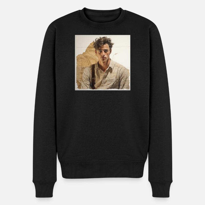Beiges Porträt mit Lederbändern - Männer Premium Bio Pullover - Schwarz