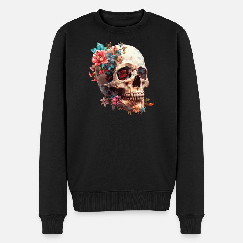 Crâne, crâne avec des fleurs - Pull Premium bio Homme - noir
