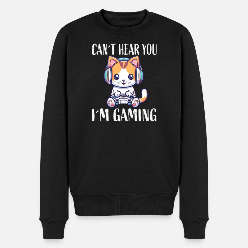 Kätzchen mit Headset beim Gaming - Männer Premium Bio Pullover - Schwarz