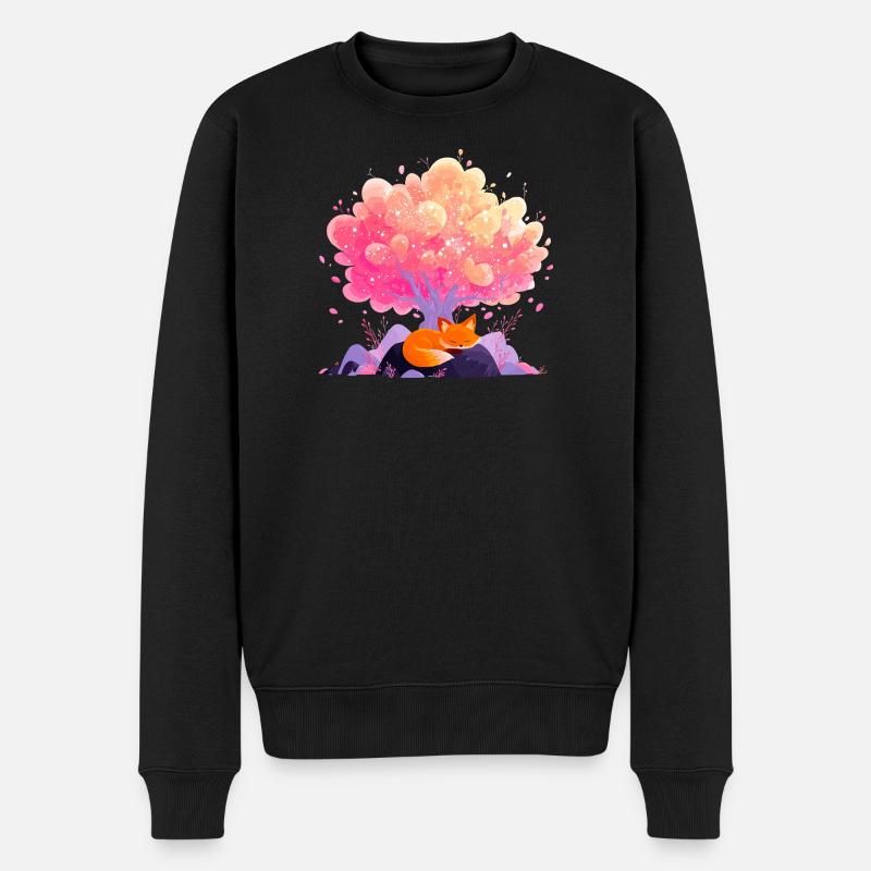 Traumblütenbaum mit schlafendem Fuchs - Männer Premium Bio Pullover - Schwarz