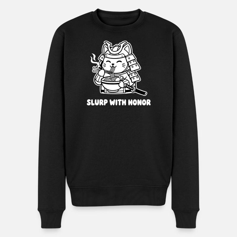 Samurai-Katze isst Nudeln - Männer Premium Bio Pullover - Schwarz
