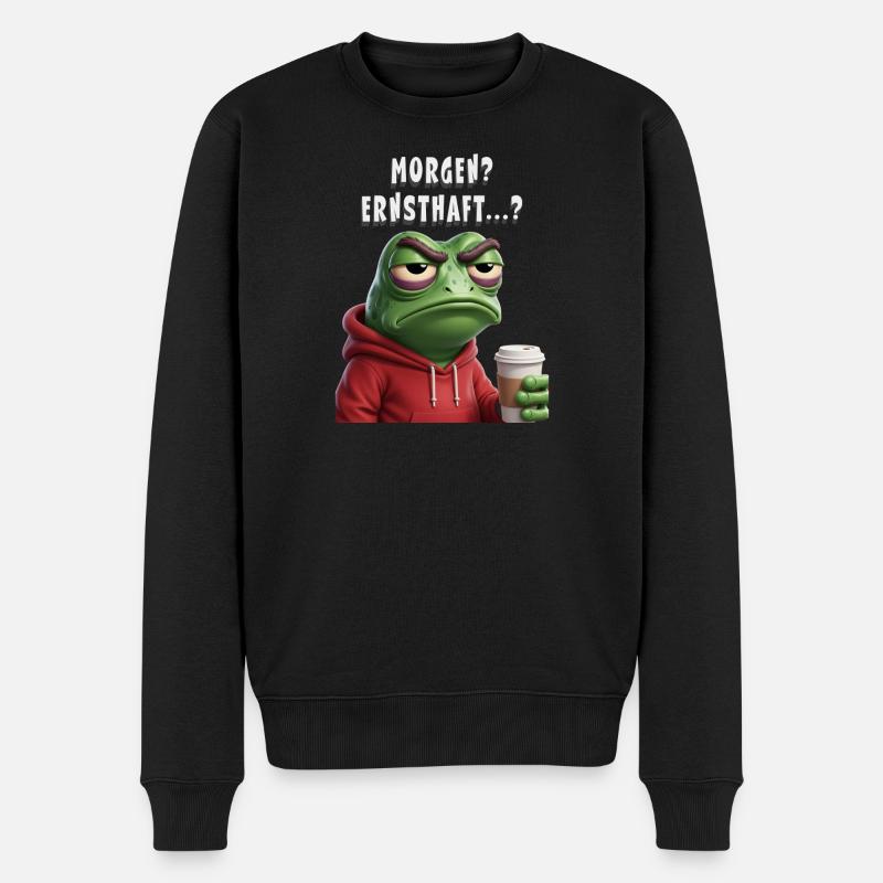 Morgen? Ernsthaft? Müder Frosch mit Kaffee - Männer Premium Bio Pullover - Schwarz