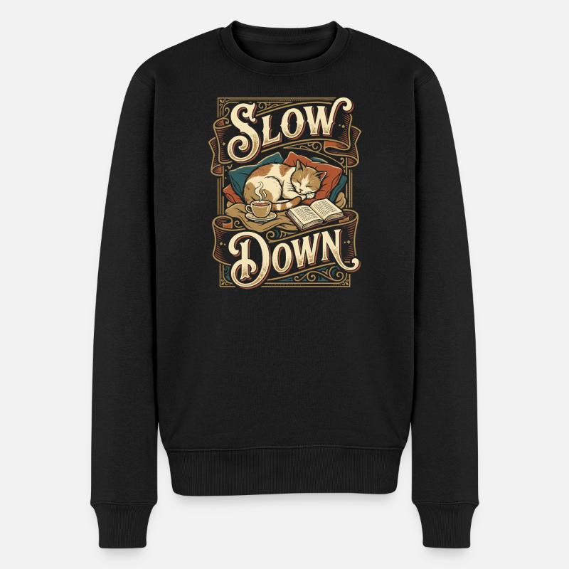 Slow Down Katze Schlaf - Männer Premium Bio Pullover - Schwarz