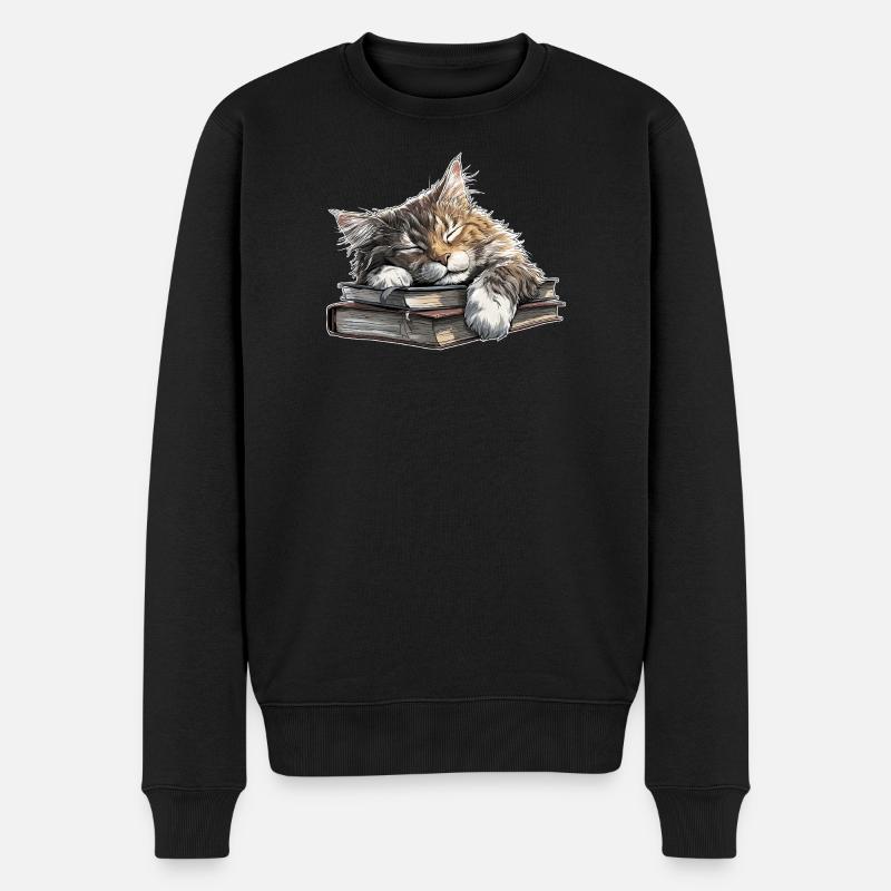 Süße Katze schläft auf Bücherstapel - Männer Premium Bio Pullover - Schwarz