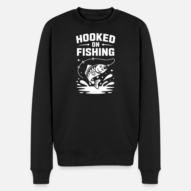 Hooked On Fishing - Angler Spruch - Männer Premium Bio Pullover - Schwarz