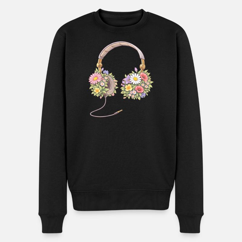 Kopfhörer mit Blumen Illustration - Männer Premium Bio Pullover - Schwarz