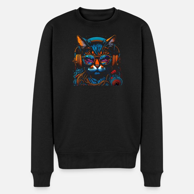 Neon DJ-Katze mit Kopfhörern - Männer Premium Bio Pullover - Schwarz