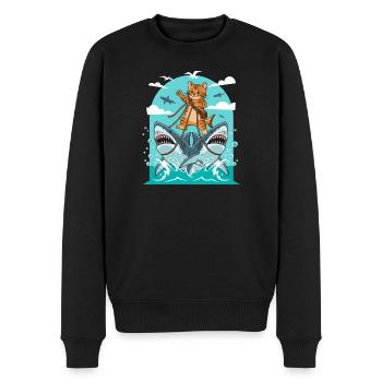Kätzchen auf Haiabenteuer - Männer Premium Bio Pullover - Schwarz - Vorne - Nico (187cm)