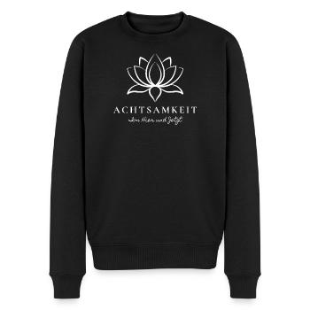 Achtsamkeit Lotus Design - Im Hier und Jetzt - Männer Premium Bio Pullover - Schwarz - Vorne - Nico (187cm)