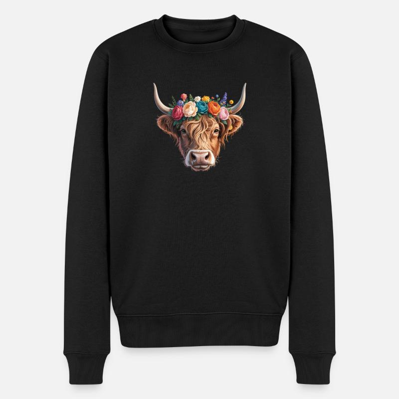 Kuh mit Blumenkrone - Männer Premium Bio Pullover - Schwarz