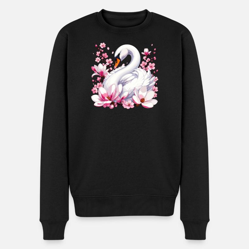 Weißer Schwan mit Kirschblüten - Männer Premium Bio Pullover - Schwarz