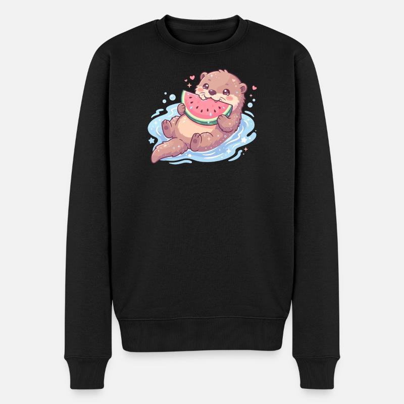 Kawaii-Otter isst Wassermelone - Männer Premium Bio Pullover - Schwarz